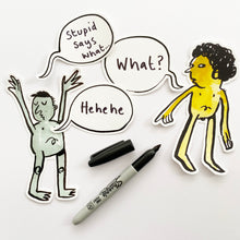 Load image into Gallery viewer, Here is an example of how you could use your blank speech bubbles... and how they might look next to the humans (humans not available in this pack but can be bought in packs of three (see other sticker packs in shop) Please note - Sharpie pen not included ;-)